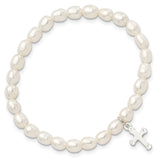 Sterling Silver Cross Freshwater Cultured Pearl 5 inch Stretch Bracelet