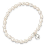 Sterling Silver Heart Freshwater Cultured Pearl 5 inch Stretch Bracelet