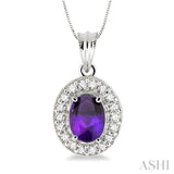 8x6mm Oval Cut Amethyst and 1/3 Ctw Round Cut Diamond Pendant in 14K White Gold with Chain