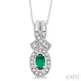 5x3 mm Oval Cut Emerald and 1/50 Ctw Single Cut Diamond Pendant in Sterling Silver with Chain