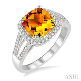 8x8 MM Cushion Cut Citrine and 1/4 Ctw Round cut Diamond Ring in 10K White Gold