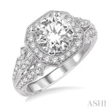 5/8 Ctw Round Diamond Asscher Halo Semi-Mount Vintage Inspired Engagement Ring in 14K White Gold