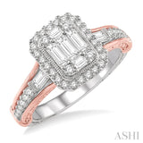 3/4 Ctw Octagonal Mount Two Tone Accent Round Cut and Baguette Diamond Ring in 14K White and Rose Gold