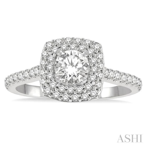 1 ctw Cushion Shape Diamond Engagement Ring With 1/2 ctw Round Cut Center  Stone in 14K White Gold