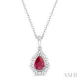 1/5 ctw Pear Shape 6x4MM Ruby, Baguette and Round Cut Diamond Precious Pendant With Chain in 14K White Gold