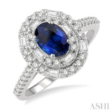 1/2 ctw Oval Shape 7x5MM Sapphire, Round Cut & Baguette Diamond Precious Ring in 14K White Gold