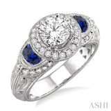 5x3MM Half moon Sapphire and 1/2 Ctw Round Cut Diamond Semi-Mount Engagement Ring in 14K White Gold